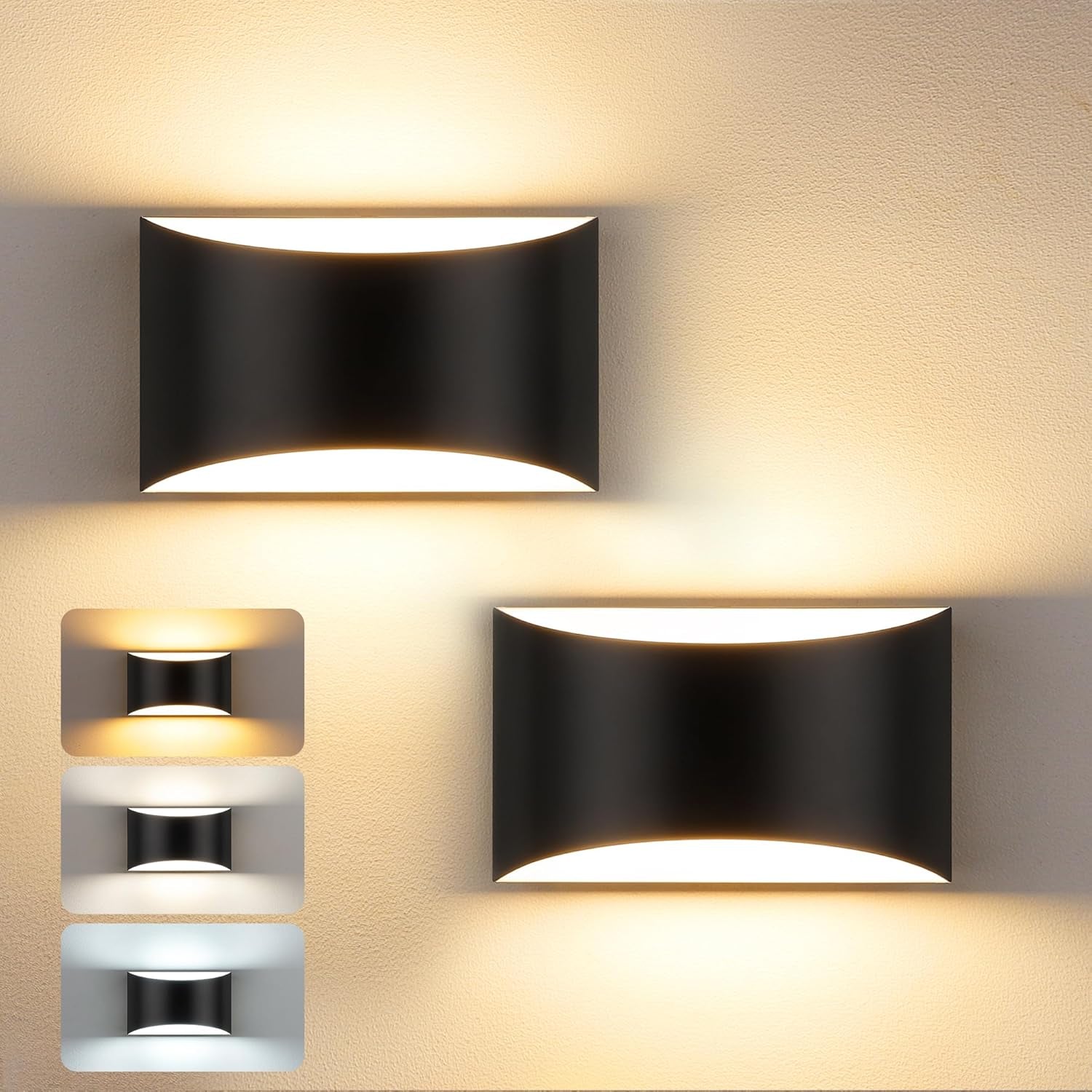Modern LED Wall Sconce Set of 2, Matte Black Indoor Wall Lighting Fixture with 3 Colors Temperatures, 10W Up/Down Hardwired Wall Mount Lamp for Bedroom Living Room Hallway