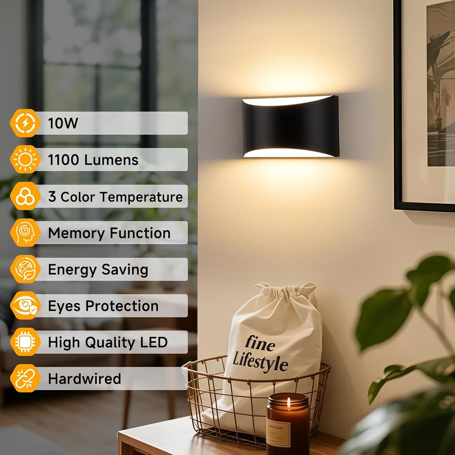 Modern LED Wall Sconce Set of 2, Matte Black Indoor Wall Lighting Fixture with 3 Colors Temperatures, 10W Up/Down Hardwired Wall Mount Lamp for Bedroom Living Room Hallway
