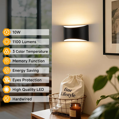 Modern LED Wall Sconce Set of 2, Matte Black Indoor Wall Lighting Fixture with 3 Colors Temperatures, 10W Up/Down Hardwired Wall Mount Lamp for Bedroom Living Room Hallway