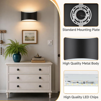 Modern LED Wall Sconce Set of 2, Matte Black Indoor Wall Lighting Fixture with 3 Colors Temperatures, 10W Up/Down Hardwired Wall Mount Lamp for Bedroom Living Room Hallway